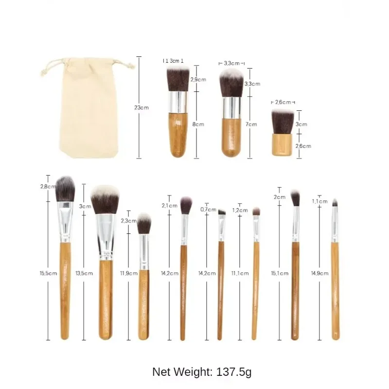 11Pcs Bamboo handle makeup brush with linen bag, bamboo handle makeup brush set, beauty tools