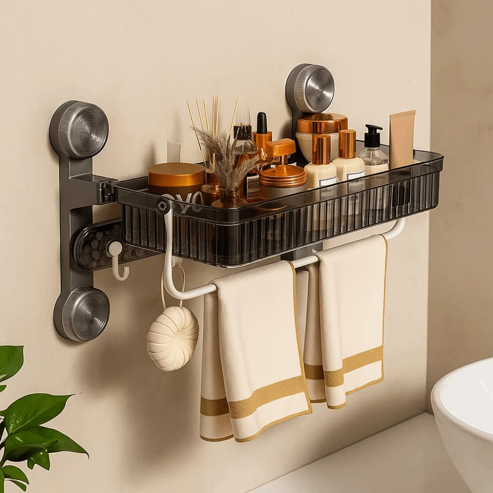 

Wall Mounted Suction Cup Bathroom Shelf Space Saving Plastic Toilet Storage Racks Large Capacity with Towel Shelf and Hooks