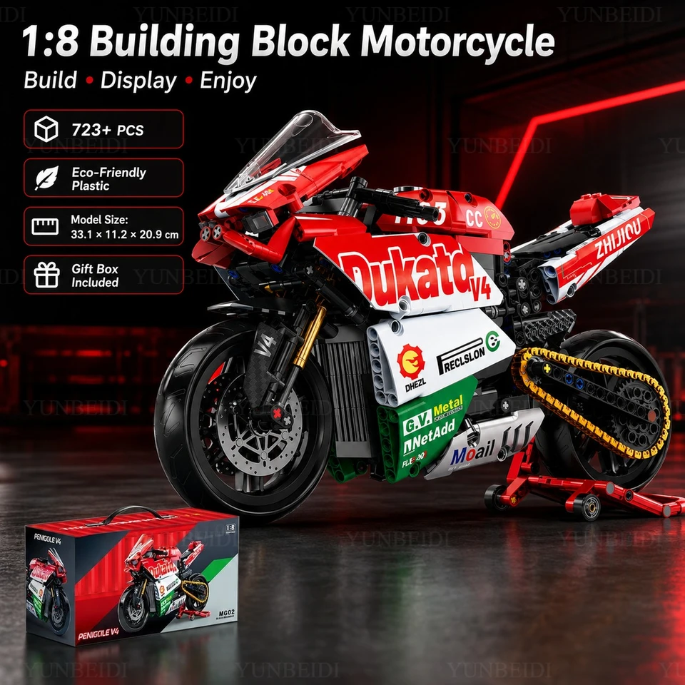 1:8 バイク組み立てブロックモデルセット 723ピース+ バイク組み立て