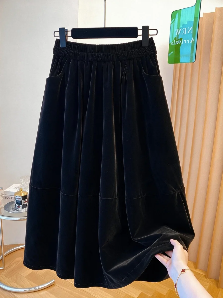 Retro High Waist Elastic Velvet Half Skirt Women's Autumn Style Slimming Flower Bud A-Line Umbrella Skirt Polyester Fiber