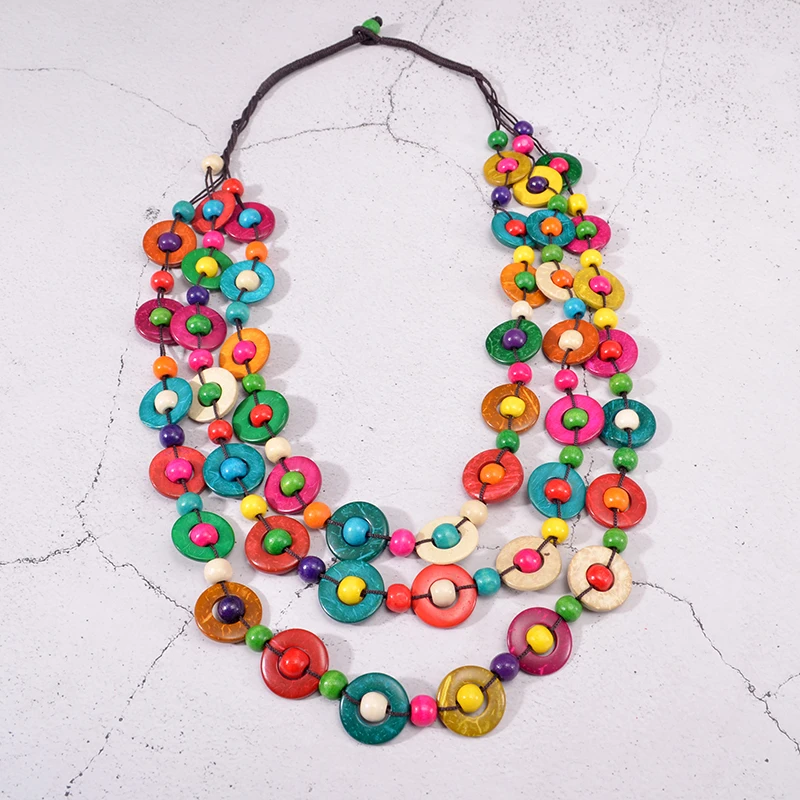 Ethnic Customs Handmade Multi Layer Color Wood Necklace & Pendant Bib Beads Jewelry Vintage Statement Jewelry