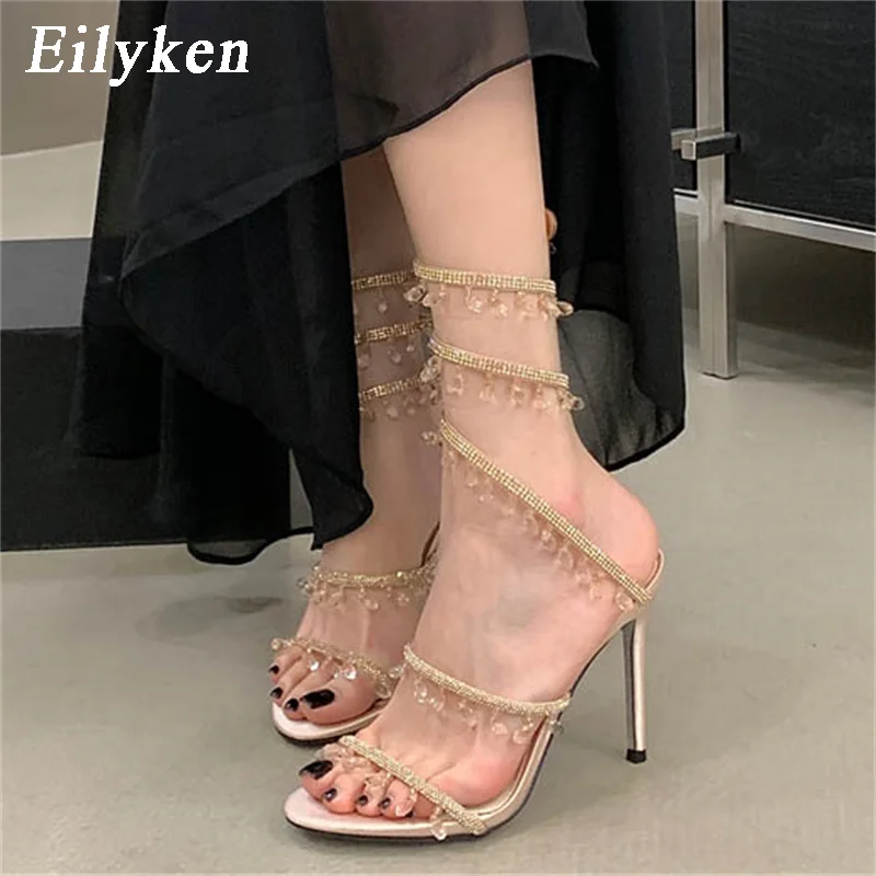 Eilyken, nuevas sandalias sexys de tacón alto y fino con colgante de cristal y diamantes para mujer, zapatos de estilo callejero con correa en el tobillo para banquete y baile de graduación