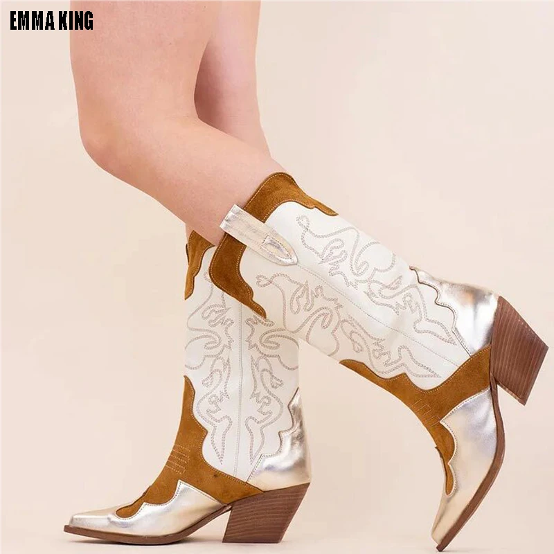 2024 Women's Vintage Cowboy Long Boots 8cm Retro Embroidered Pointy Toe Square Heeled Knee-High Western Boots Fashion Versatile