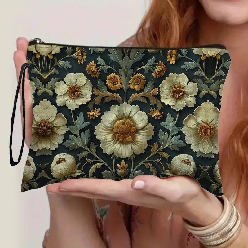 Fashion Plant Floral Makeup Pouch for Women's Cosmetic Lipstick Zipper Bag Travel Organizer Multi-functional Storage Bag
