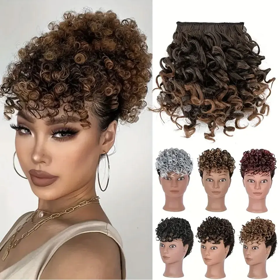 BENEHAIR Short Afro Kinky Curly Bangs Synthetic Clip in Bangs 6-8inch Clip-on Bangs Ponytail Hair Extension Wig For Women