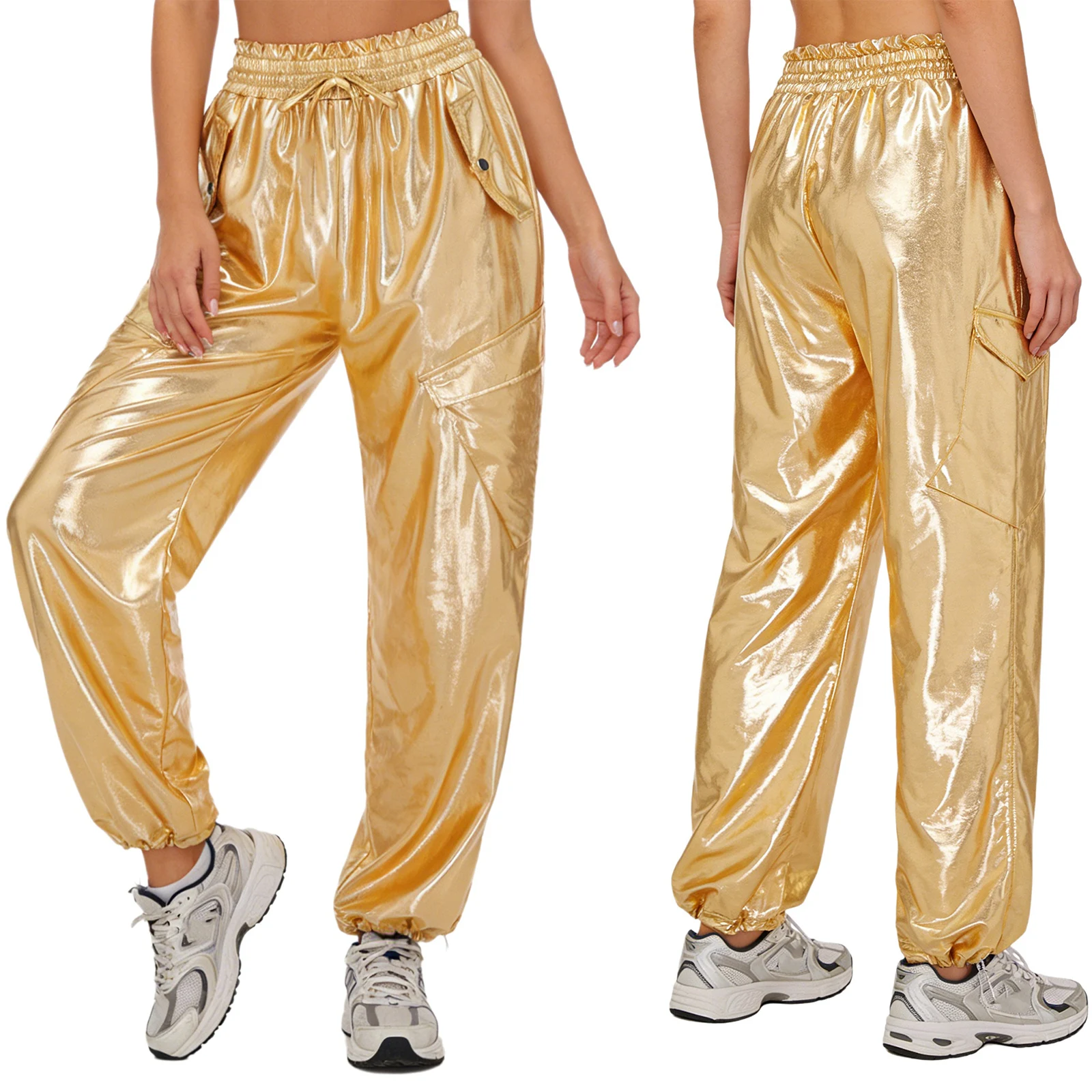 

Women Fashion Metallic Shiny Cargo Pants Hip Hop Jazz Street Dance Costume Elastic Waist Multi-pocket Jogger Trousers Streetwear