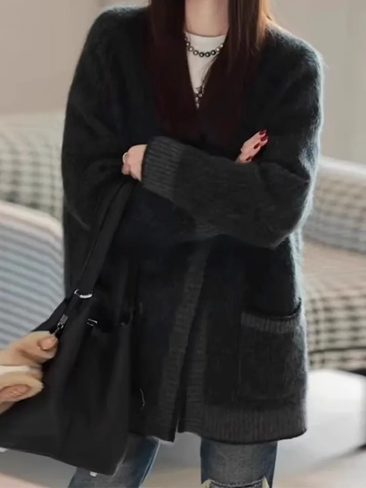 

ROUJE KEFSS Women's Thickened Loose Knitted Cardigan V-Neck Sweater Coat Autumn Winter Fashion Casual Style Regular Size