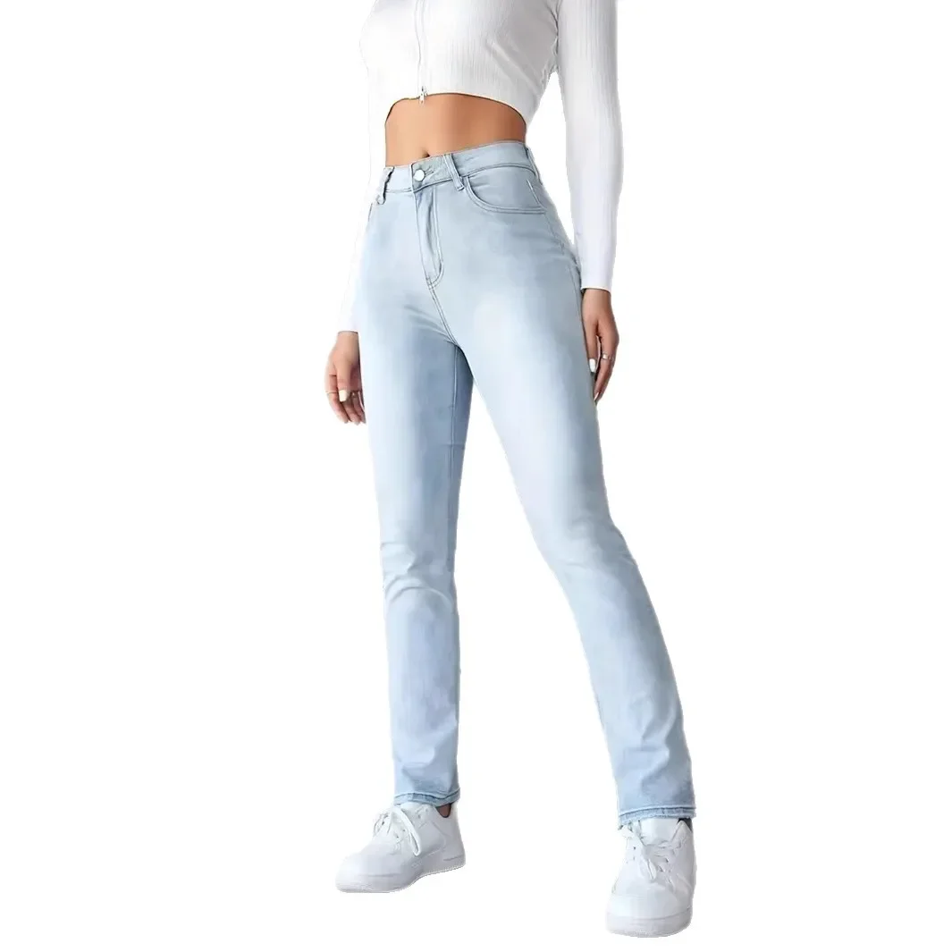 

Женские джинсы Эластичные тонкие узкие прямые брюки Простой дизайн Универсальные светло-голубые джинсовые брюки Новые весенне-осенние брюки High Stre