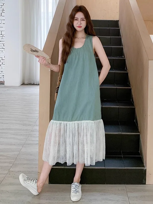 Ele Agel Lace Splice Denim Vest Dr Dames Zomer Casual Svel Midi Rok Faion Losse Taille Medium Thi