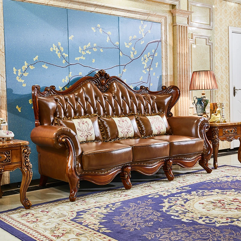 

European leather sofa combination solid wood carving flower large apartment living room whole mahogany furniture