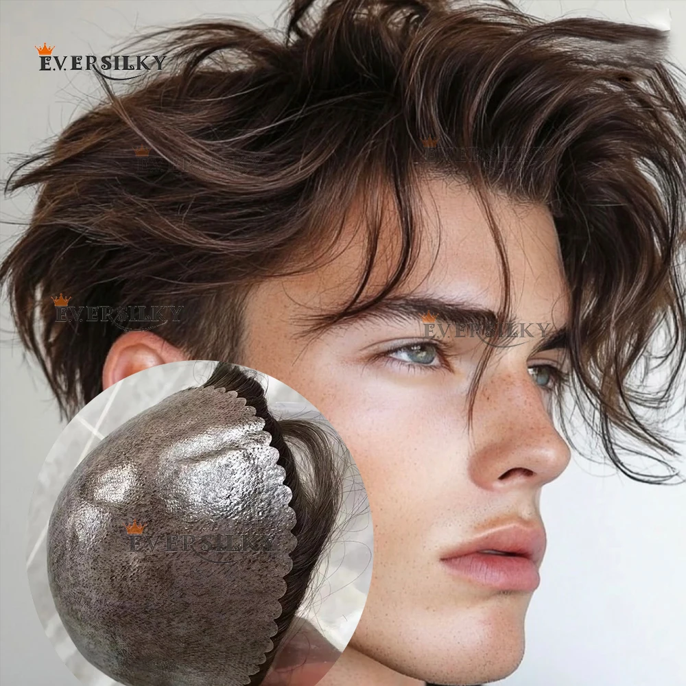 

130Density Durable Full Thick PU Dark Brown Men Toupee 100% Human Hair Grey 1B40 1B50 Black Men Silicon Toupee Poly Skin System