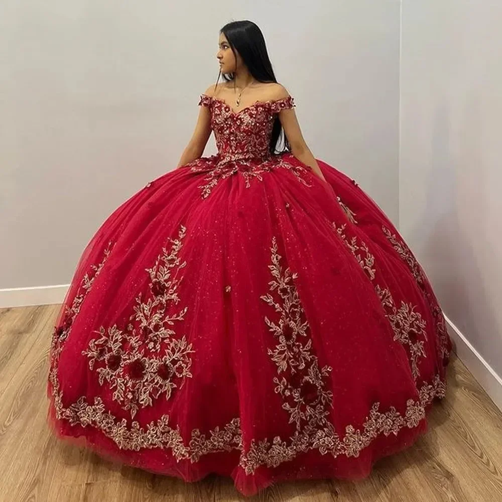 Glitter Burgundy Quinceanera Dresses Off-Shoulder Vestidos De 15 Anos Applique 3D Flower Sweet 16 Ball Gown Birthday Party Gowns