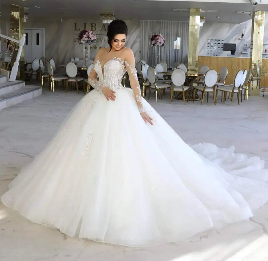 맞춤형 반짝이는 볼 가운 웨딩 드레스 시어 넥 긴 소매 공주 드레스 레이스 아플리케 코르셋 신부 드레스