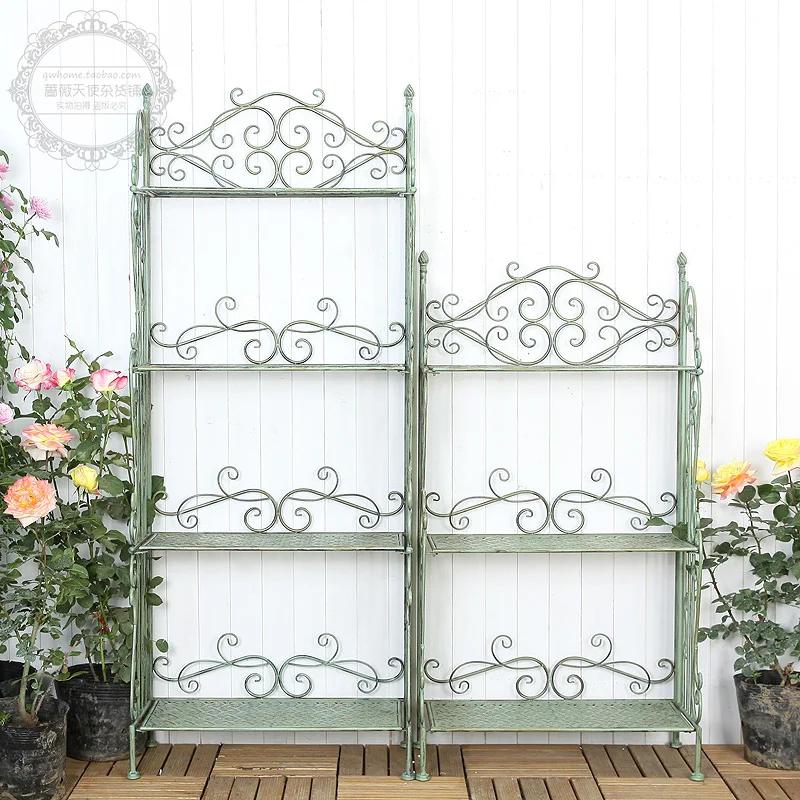 American-style rustic vintage wrought iron three- and four-tier flower stands, indoor and outdoor gardens