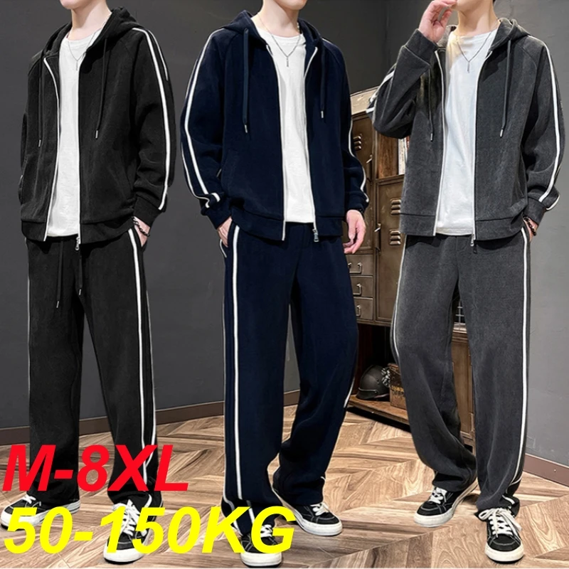 Big Size 8xl 7xl Corduroy Men\'s Tracksuit Set Black Hoodie Pants 2pcs Suits Autumn Winter Jacket Hooded Oversize Sportswear Man