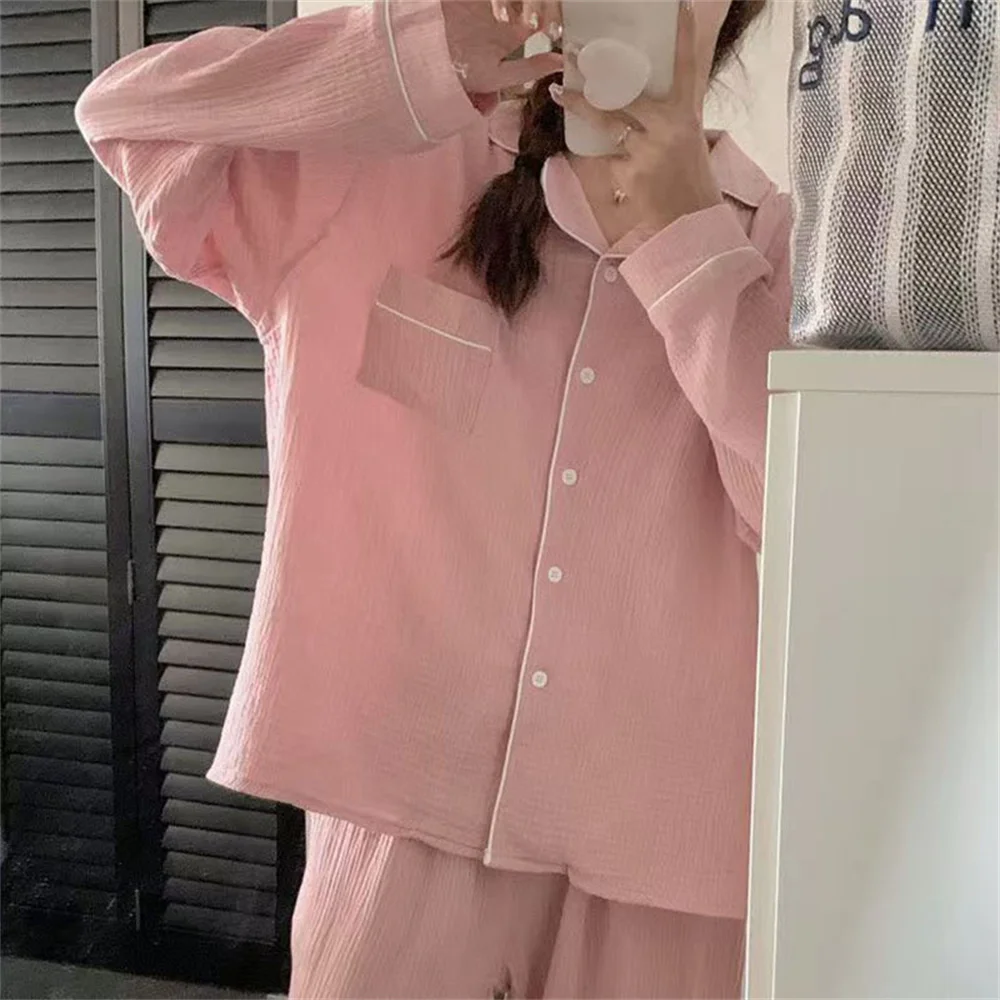 Women\'s Pajamas Sleepwear Set Solid Color Buttons Cardigan Long Sleeve Homewear Casual Home Suit Pijamas Set for Woman