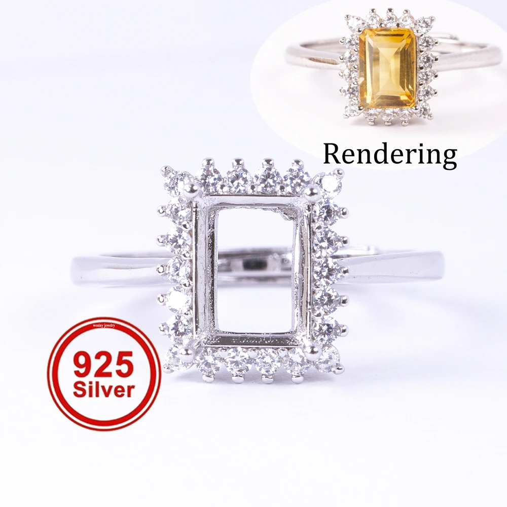 

1pc Multiple Size Solid 925 Sterling Silver Rectangle 4 Prongs Luxury Gemstone Prong Bezel Settings DIY Ring