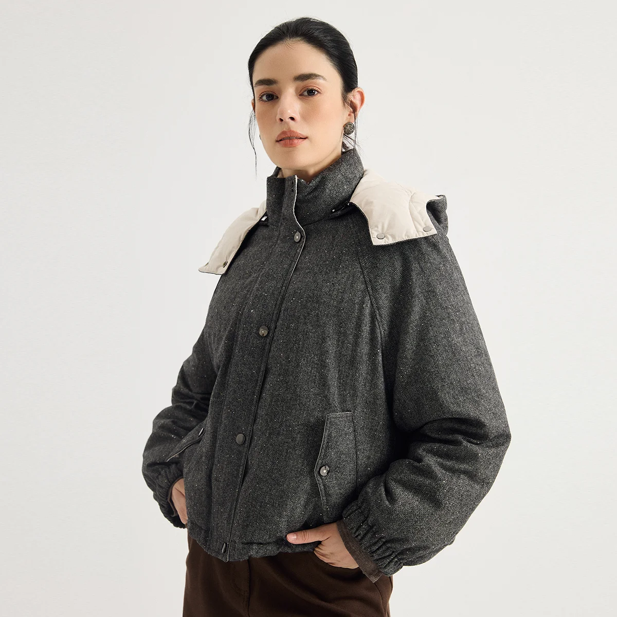 KL7623948 Wool Cashmere Blend Goose Down Jacket for Women's Sequin Detachable Hood Stand Collar Timeless Quiet Luxury Fall