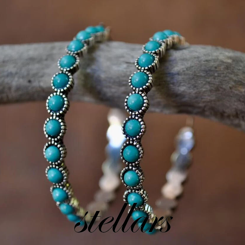 

Retro Oversized Circle Earrings with Turquoise Inlay Floral-Edged Oval Teardrop Hollow Design Vintage Style Women's Jewelry