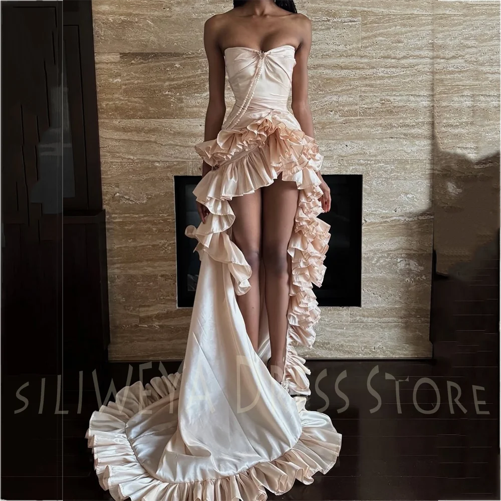Classic Strapless Prom Dresses 2026 Luxury Chic Sweep Train Sleeveless High Low Evening Dress For Women Cocktail Party Gown