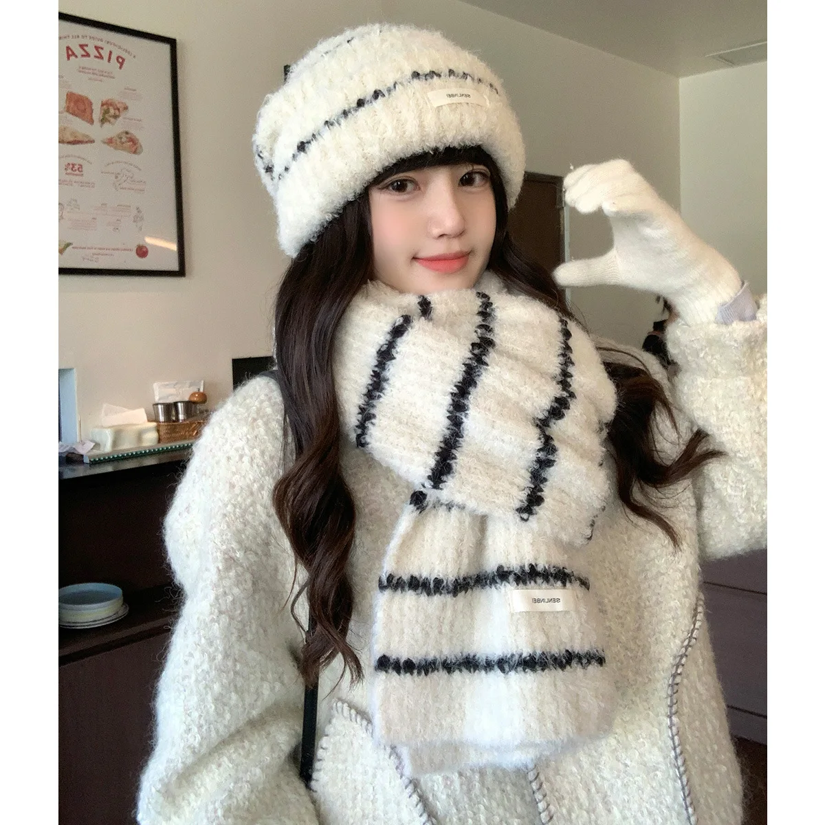 Women's Sweet Style Red Scarf New Style Chiffon Wool Korean Striped Knitted Scarf  Winter Atmospheric Thick Long Neck Warmer