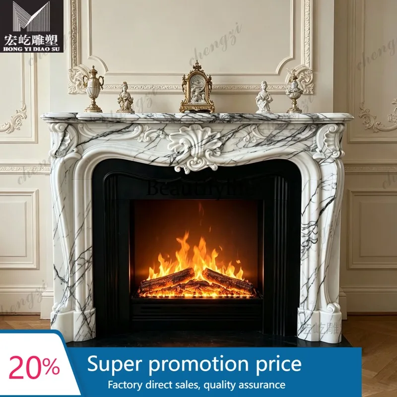 PPP Natural marble mantel French light luxury simple living room stone fireplace customization