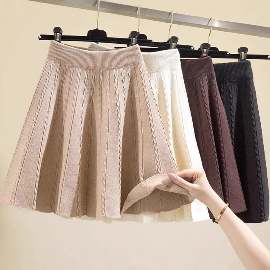 

Spring Autumn Knitted Short Skirt Women Elastic High Waist Half Skirts A-line Korean Elegant Twist Pleated Mini Skirt Sweet