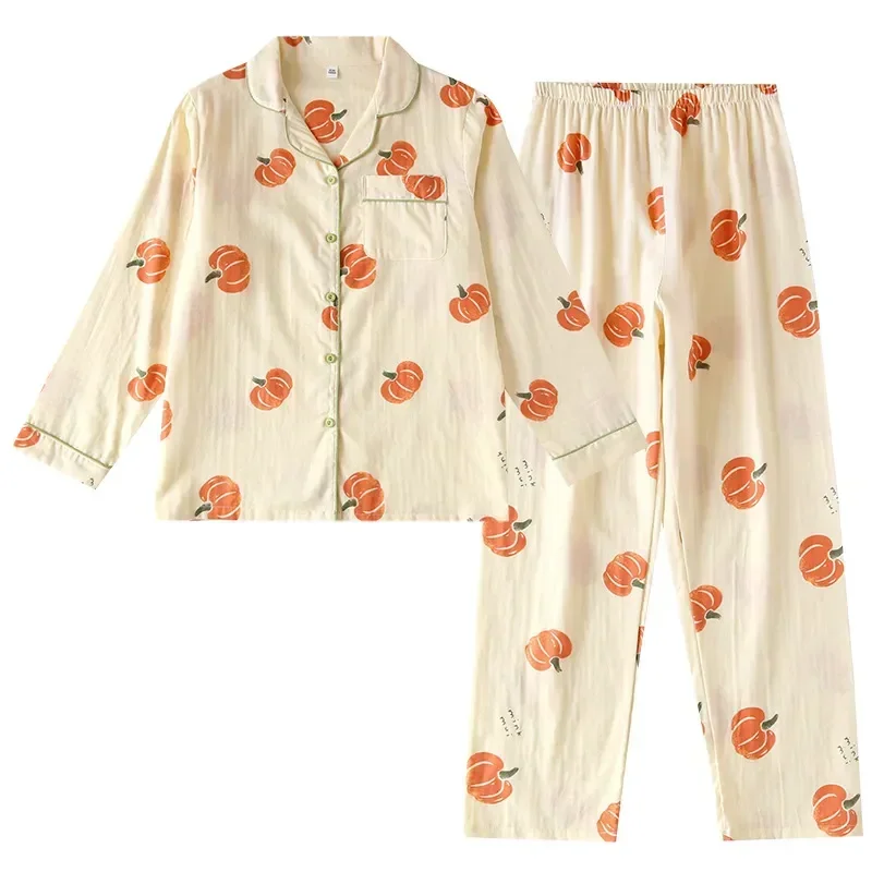 Conjunto de pijama feminino fino estampado, calça dupla de algodão, camada fina de cardigã, pijama longo com abóbora manga de gaze, confortável