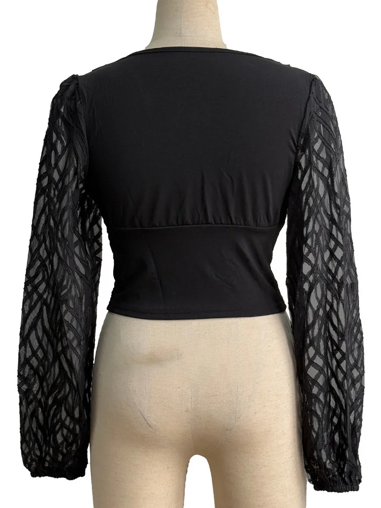 Primavera Verano moda linterna manga mujer blusa Oficina señora manga larga gasa camisas de mujer elegante ajustado cuello en V mujer Tops