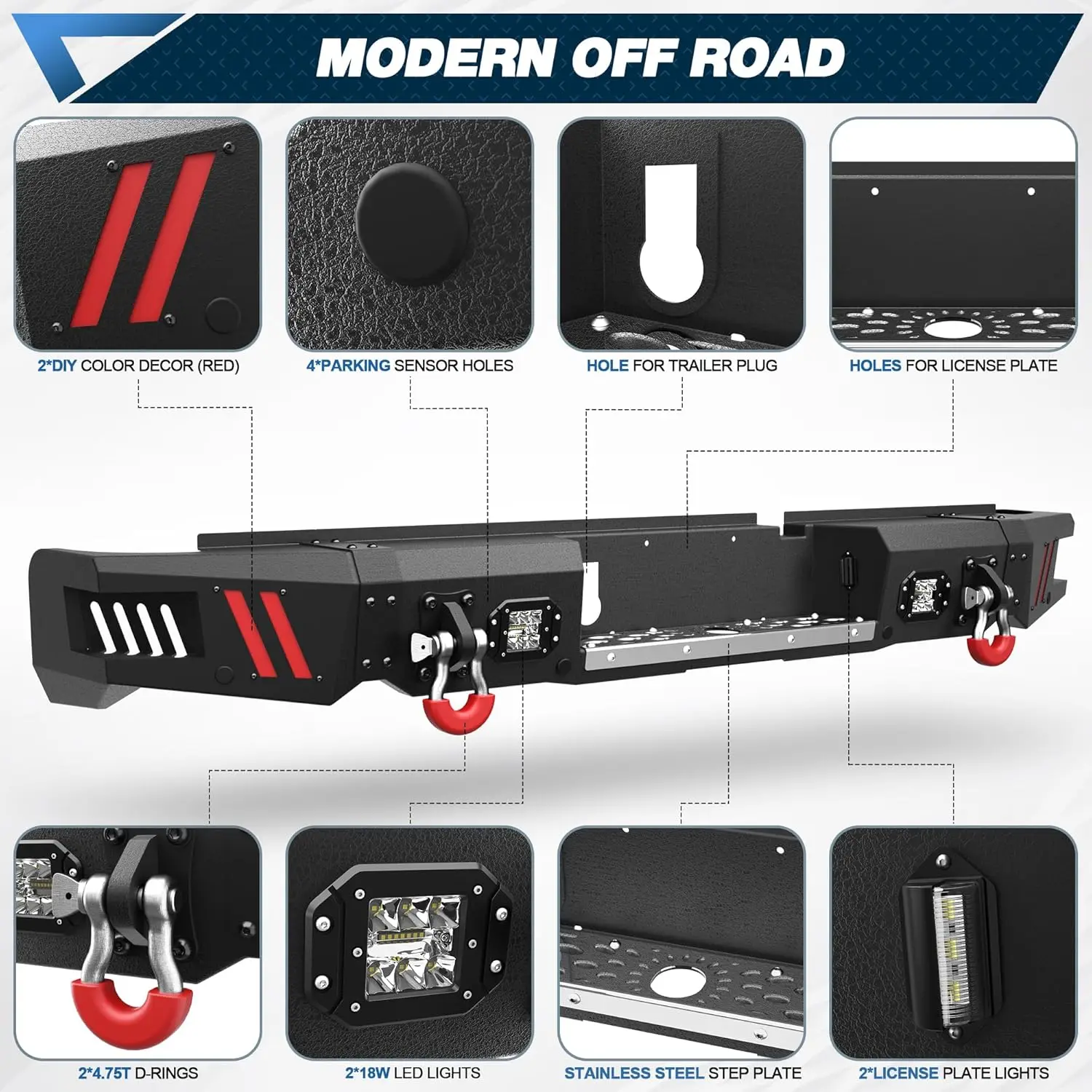 Rear Bumper for Ram 1500 2009-2018 & Ram 1500 2019-2025 Classic, Pickup Bumper with Step Plate, Lights, Sensor Holes and D-rings