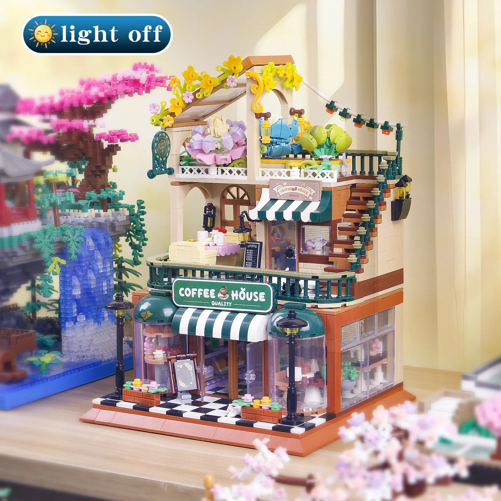 

1470PCS Cafe City Street View Coffee Shop House Building Blocks With LED Light Construction Bricks Toys Kids Children Gift