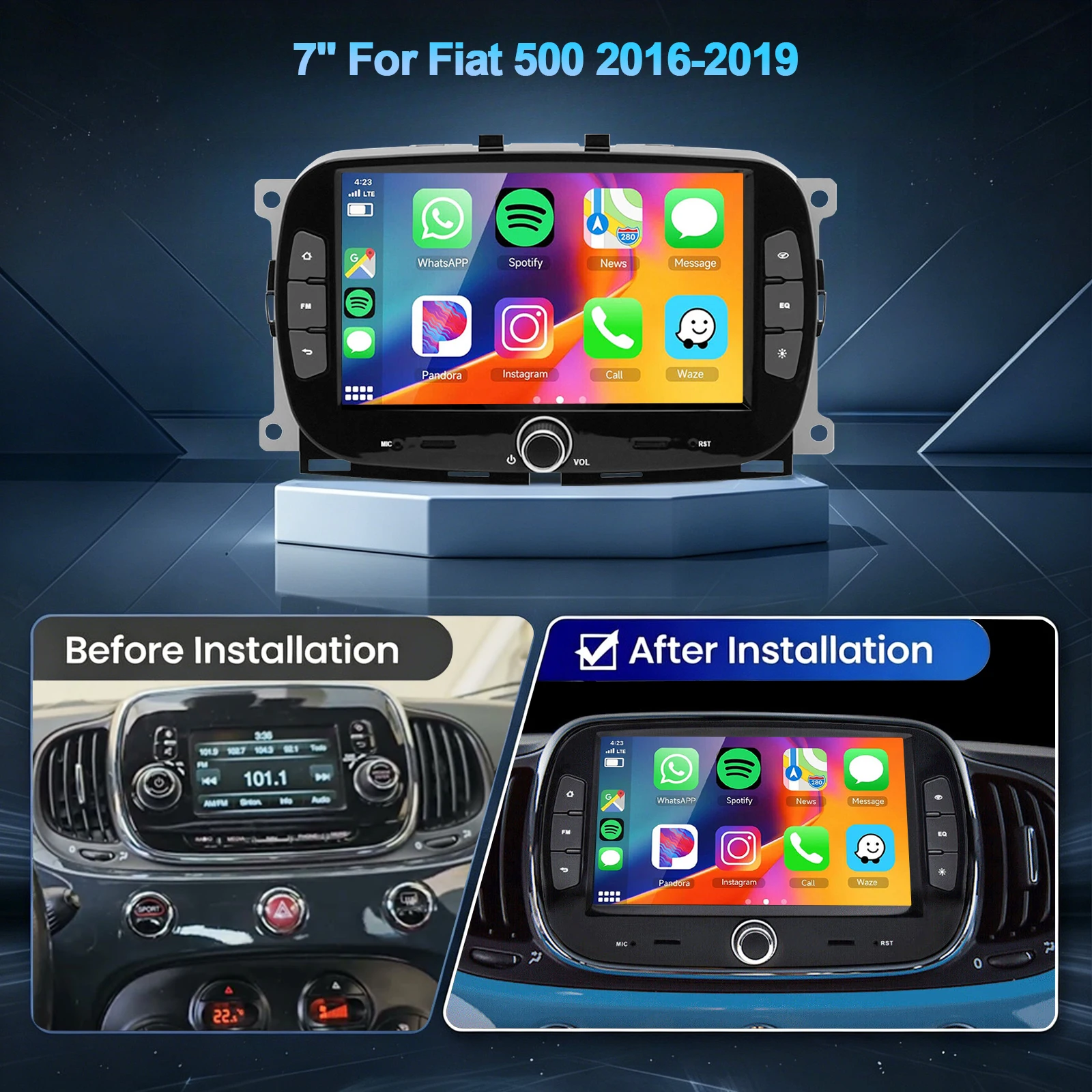 ESSGOO 7" Android 15 Wireless Carplay Android Auto 4+64G Für Fiat 500 2016-2019 Autoradio GPS Navi WIFI FM BT RDS SWC Mirror Link Multimedia-Videoplayer IPS Touchscreen-Display