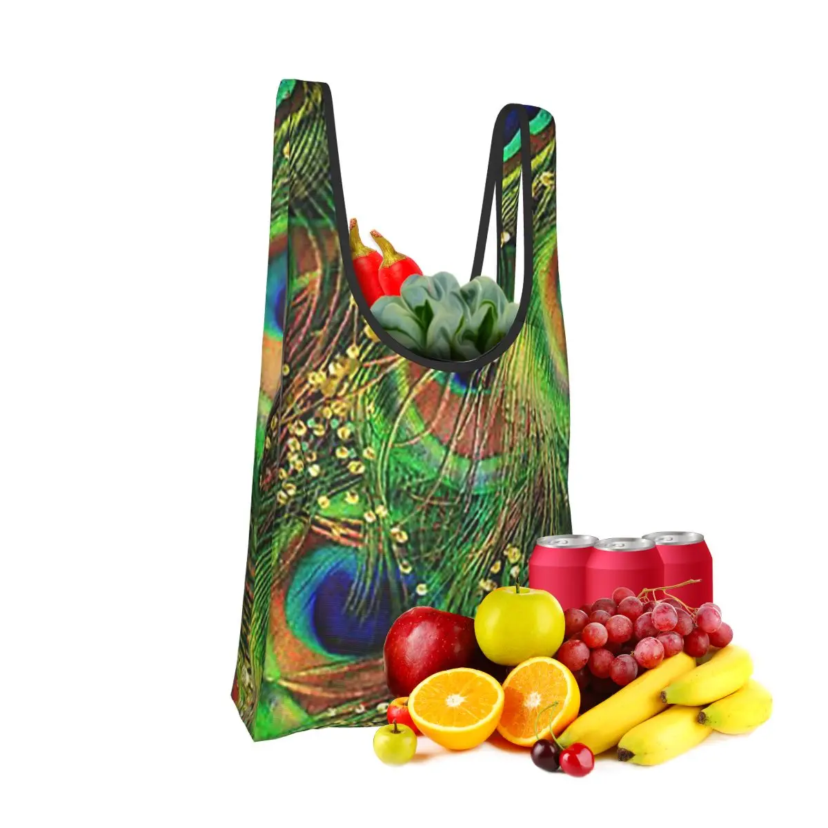 

Peacock Feathers Shopping Bag Portable Tote Bags Reusable Shoulder Shopper Bag Groceries Handbag