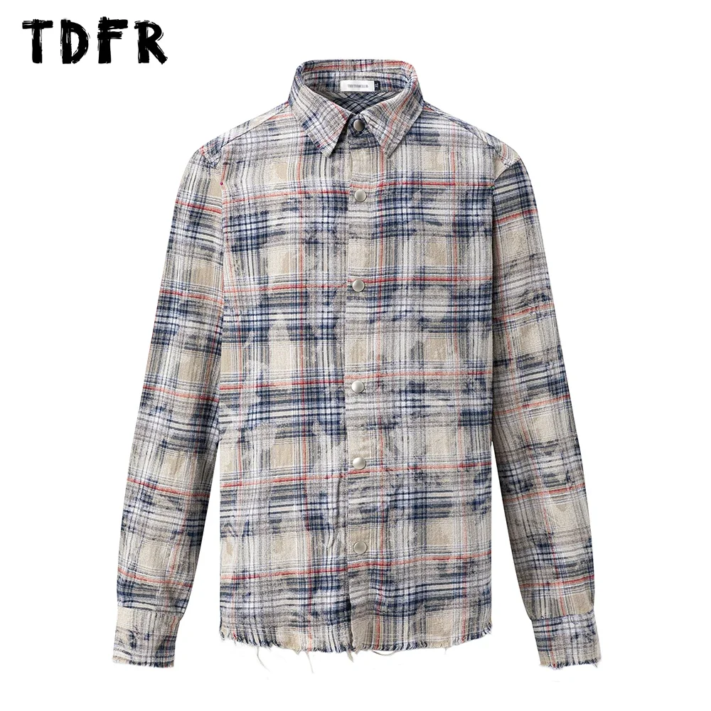 

Retro Plaid Casual Shirts Mens Raw Edge Autumn Streetwear Loose Lapel Single Breasted Long Sleeve Shirts Men