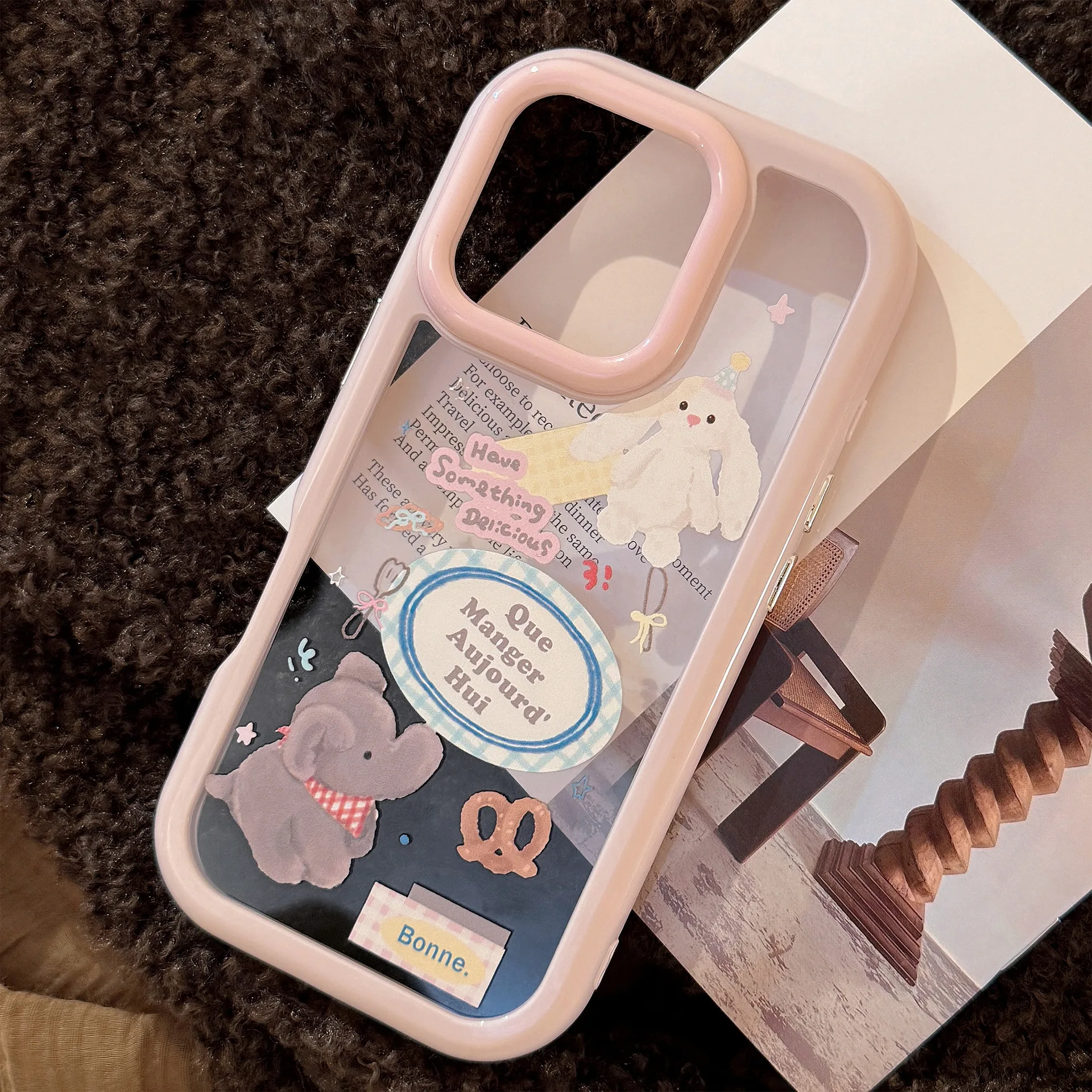 Korean Cartoon Bunny Elephant Doll Pattern Phone Case For iPhone Air 11 12 13 14 15 16 17 Pro Max XS XR X Clear Shockproof Cover