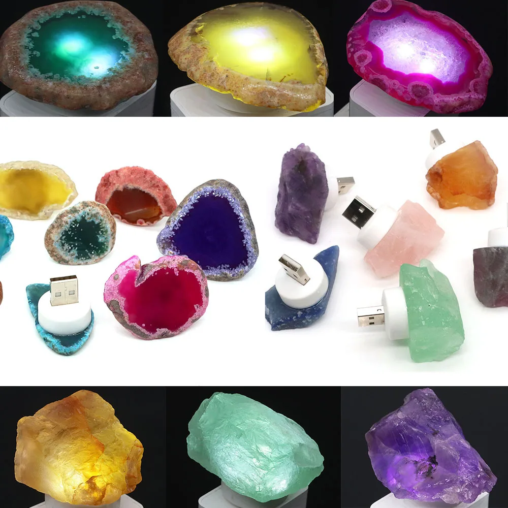 

USB Lamps Natural Irregular Crystal Stones Multicolor Raw Agate Slice Reiki Healing Quartz Night Light Bedroom Home Decor Gifts