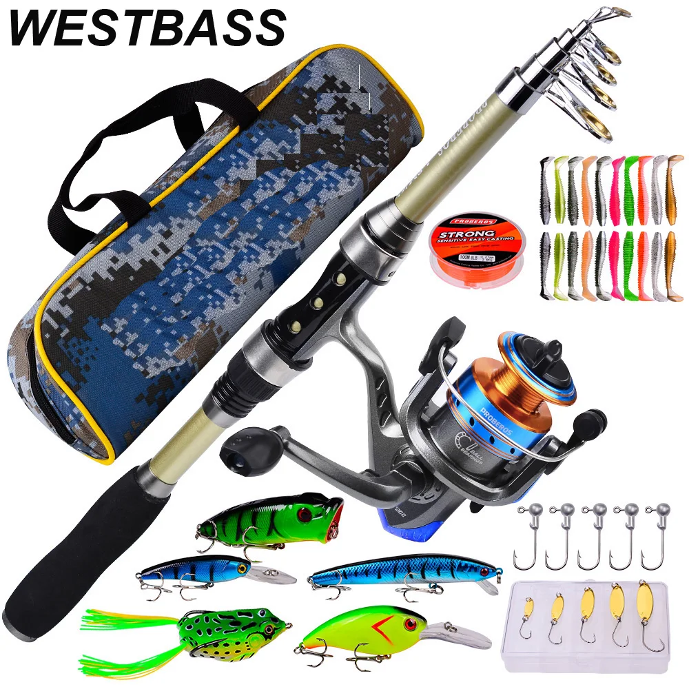 WESTBASS 1,8 M Carbon Teleskop Angelrute Kit Spinning Reel Linie Lockt Haken Stange Kits Volle Angeln Combo Tragbare Bass pesca