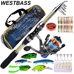 WESTBASS 1.8M Carbon Telescopic Fishing Rod Kit Spinning Reel Line Lures Hooks Rod Kits Full Fishing Combo Portable Bass Pesca