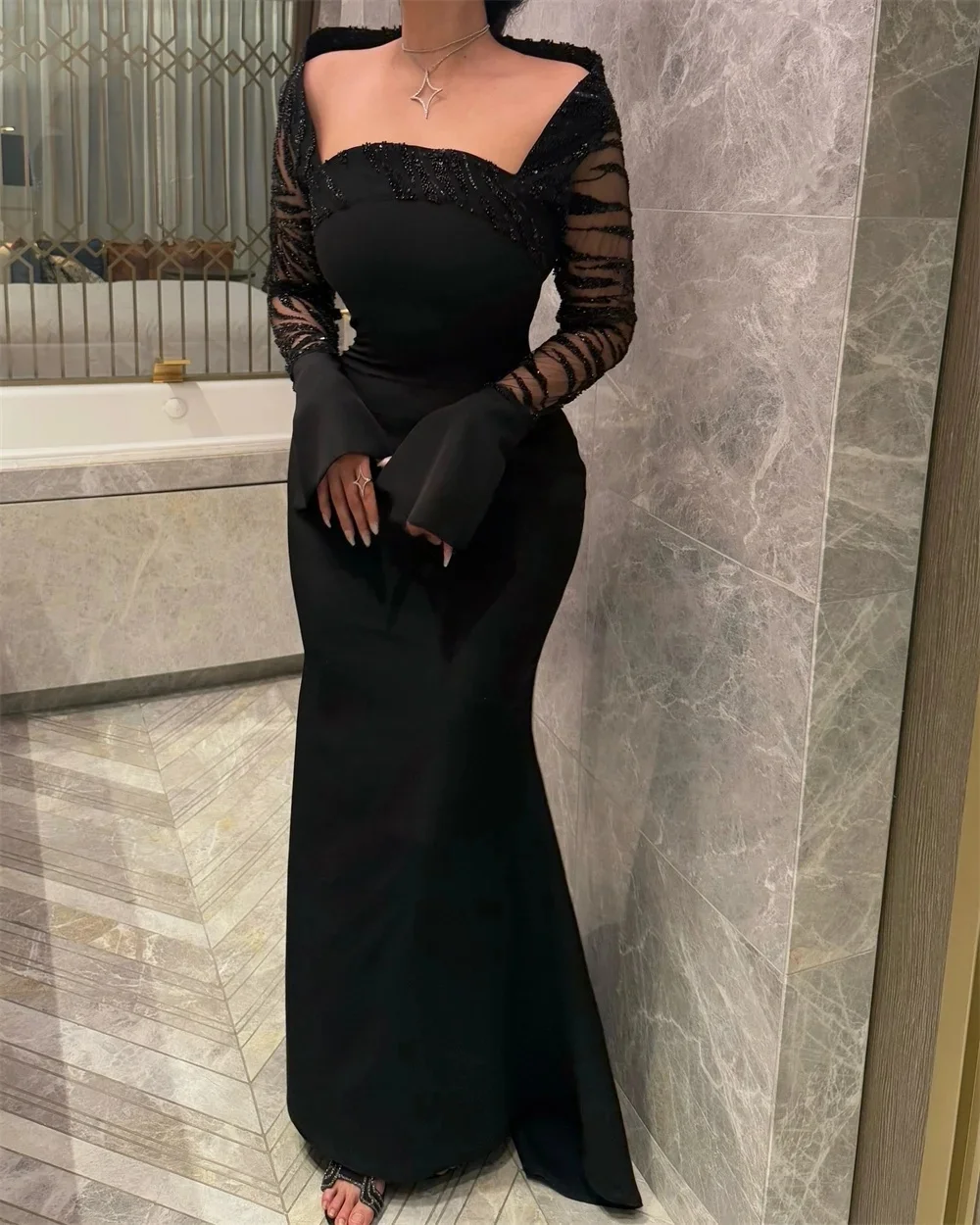 맞춤형 JDY 반짝이는 섹시한 플레인 니트 헤비 핸드메이드 비즈 장식 스팽글 주름 머메이드 오프숄더 롱 드레스 맞춤형 행사 드레스