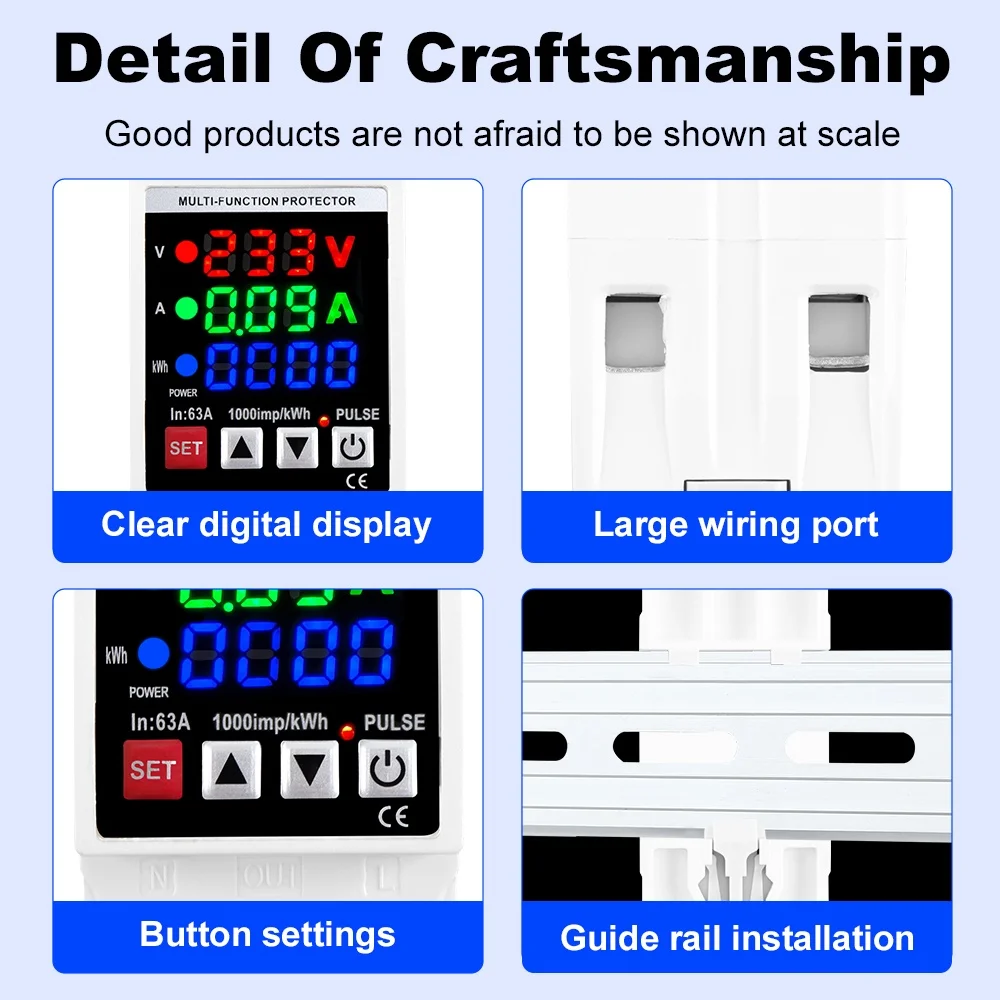 شاشة 3IN1 63A قابلة للتعديل من الجهد الزائد وتحت الجهد جهاز حماية التتابع على حد الحماية الحالي