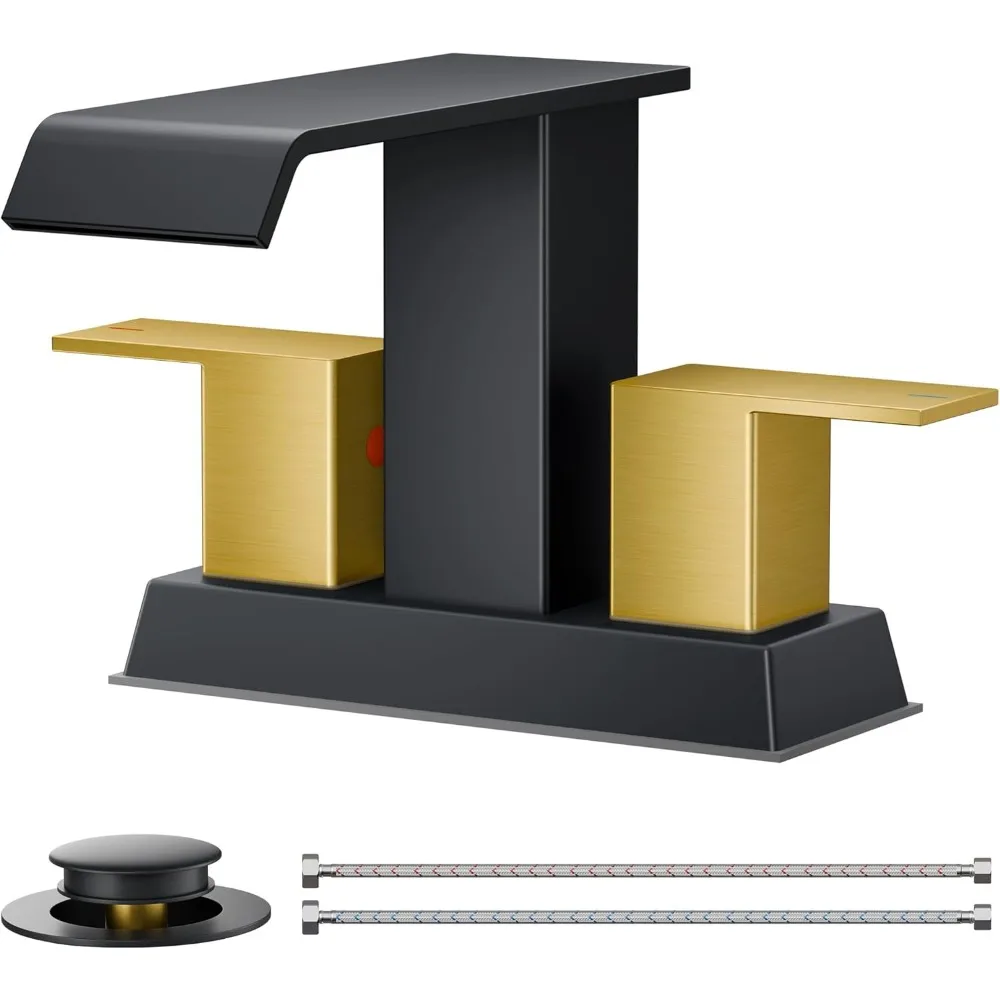 

Square Square Waterfall 4-Inch Centerset Faucet, 2-Handle (2/3 Hole) Matte Black & Gold, Metal Drain & Hose (RV/Vanity)