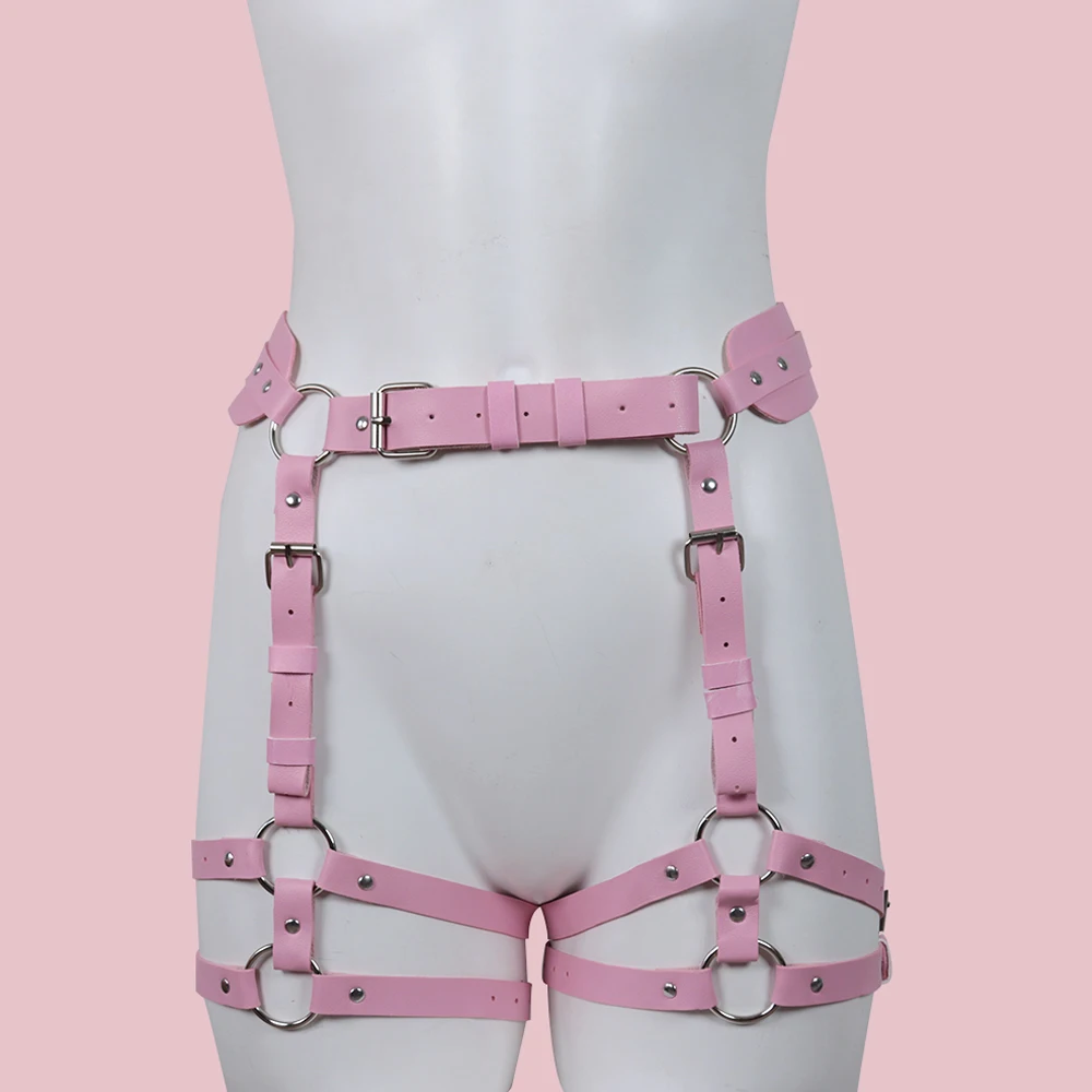 PINK Leather Cage Gothic Garter Belt Body Straps Lingerie Women Suspenders Harajuku Body Bondage Thigh Harness Stockings Goth