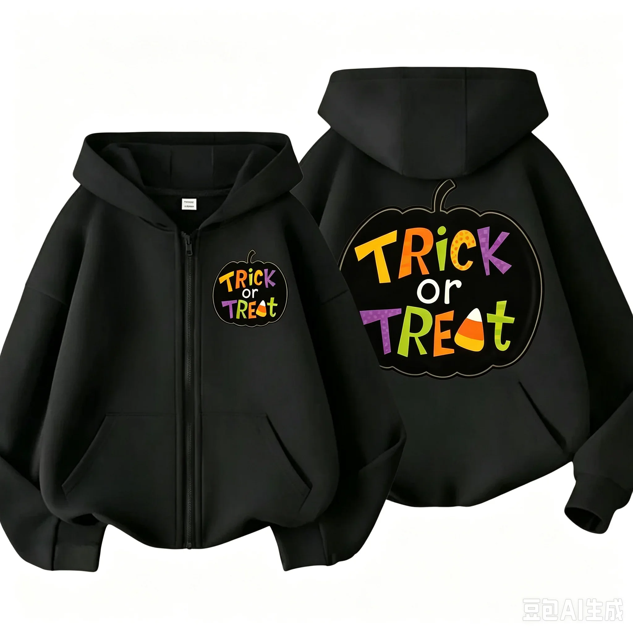 Halloween Theme Kids Zipper Hooded Jacket Trick Or Treat Pumpkin Front Back Print Boy GirlsLong Sleeve Casual Hoodie With Pocket