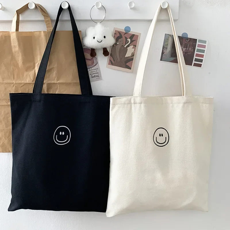 

Fashion Smiling Face Canvas Tote Bags For Women Cartoon Printing Casual Large Capacity Shoulder Bag Student Zipper Handbag