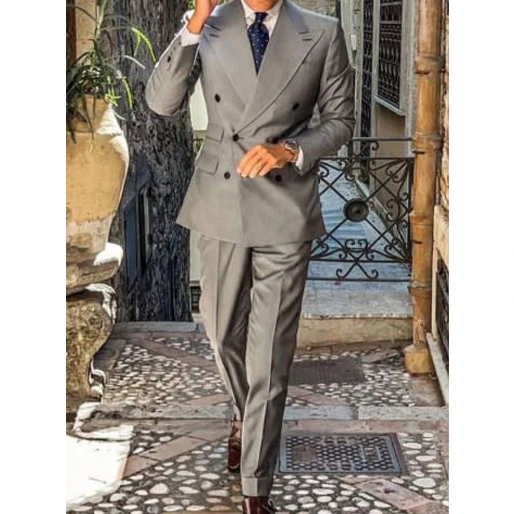 

Men Two Piece Suit Double Breasted Peak Lapel Slim Fit Comfortable Business Suit Casual Elegant Blazer Pant Set Formal Office We