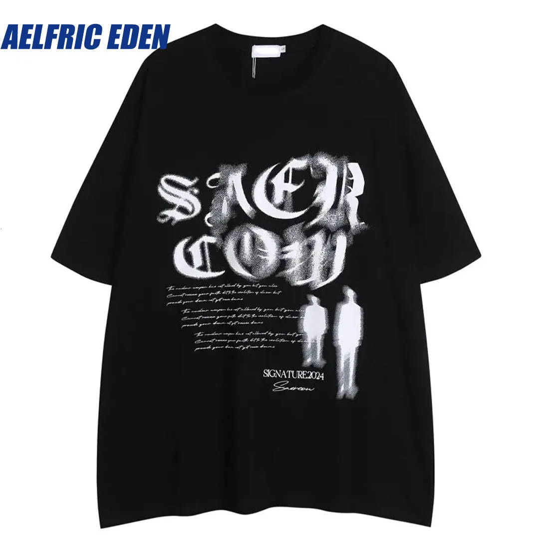 Aelfric Eden Hip Hop Tshirt Shadow Letter Graphic Print Punk Gothic Oversized T-Shirt Harajuku Loose Short Sleeve Shirts Tops