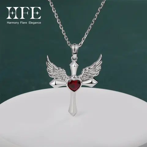 HFE 925 Sterling Silver Winged Cross Necklace Lab Grown Ruby Heart Pendant Christian Religious Jewelry Gothic Gift for Women Men