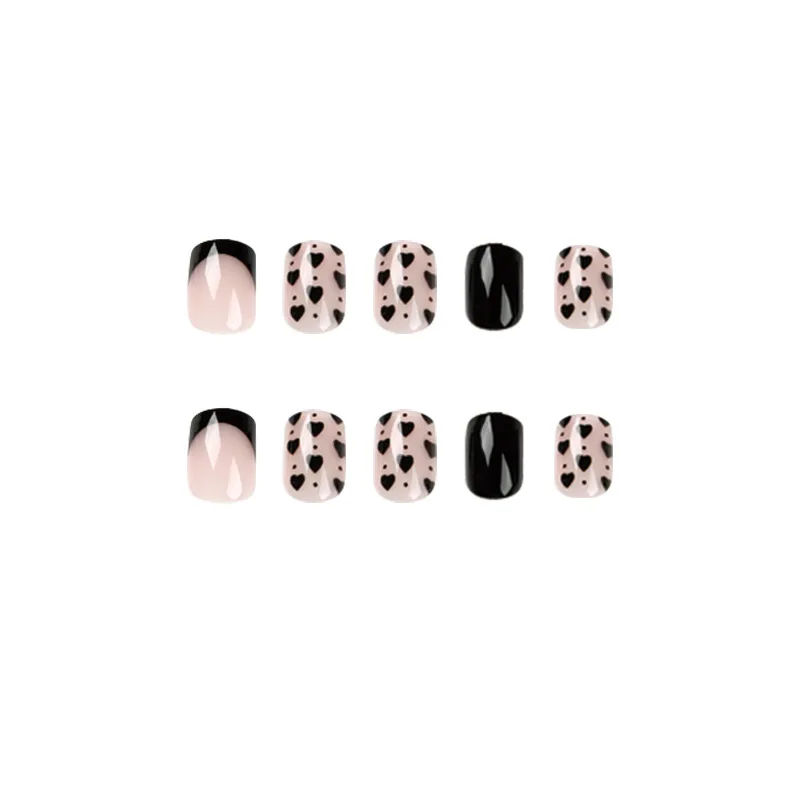 Uñas postizas cortas y brillantes, Uñas postizas desmontables con acabado de corazón de amor, color negro francés, 24 unidades por juego, envío gratis