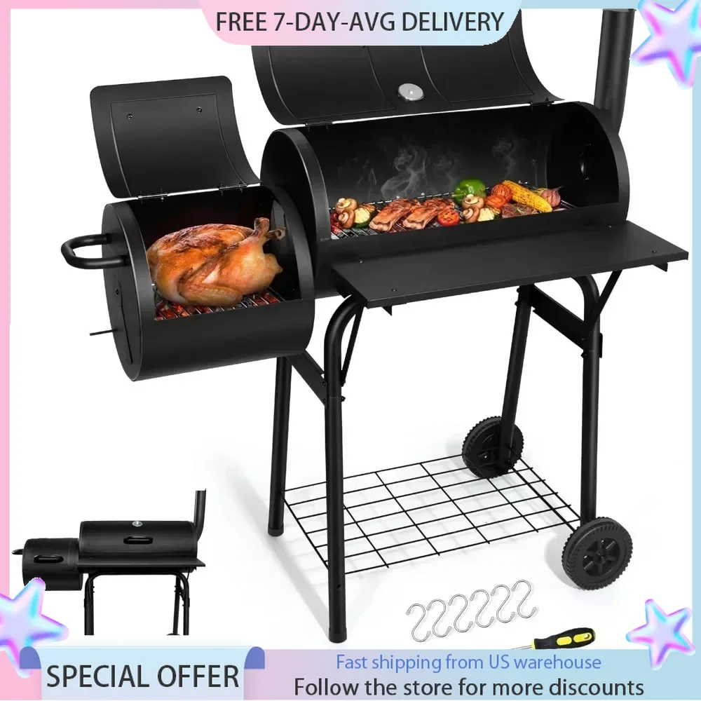 BBQ Charcoal Grill with Offset Smoker, Camping Barbecue Grill with Side Fire Box for Outdoor BBQ Smoking/Backyard Party Grilling