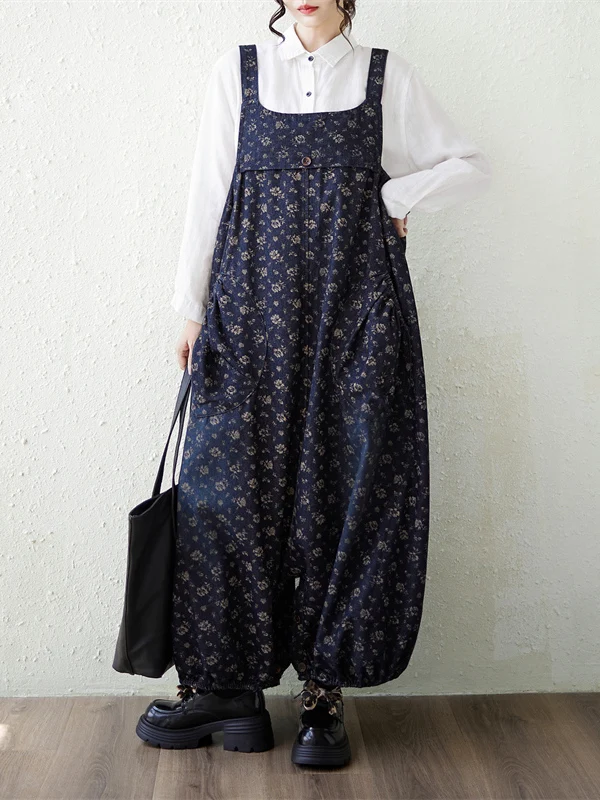Fashionable Retro Denim Print Overalls plus Size Women's Casual Cotton Trousers Autumn Winter New Arrival Two-Way Wearing Wid...